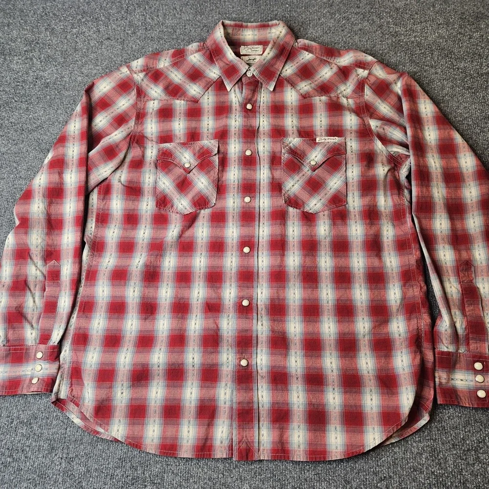 Lucky Brand Dungarees  Mens Pearlsnap Plaid L/S Shirt Size Large Red Western